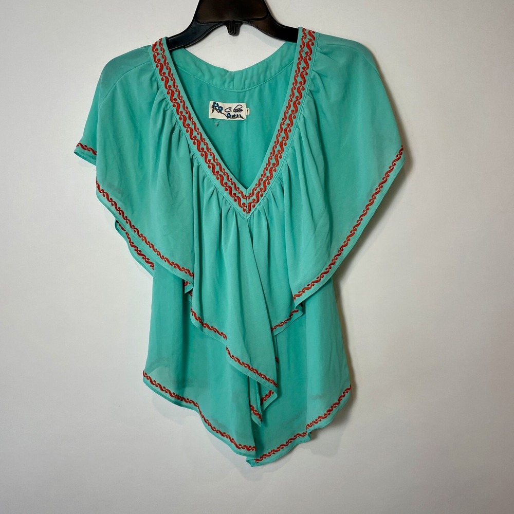 C. Luce Layered Tunic Blouse Top‎ Womens Size M Green Embroidered V-neck Boho
